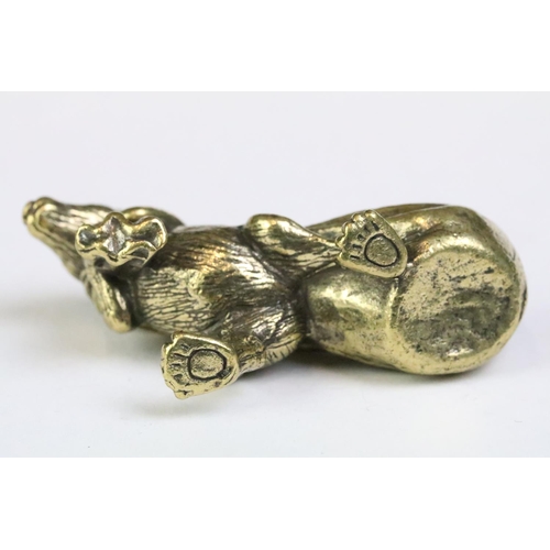 262 - A Chinese ornamental Solid brass lucky fortune rat with character marks to bag, measures approx 6cm ... 