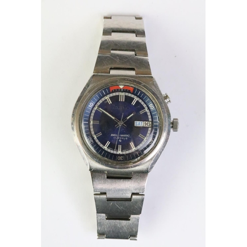 266 - A Seiko Bell-Matic 17 Jewel gents wristwatch, blue dial, baton markers, internal rotating alarm set ... 