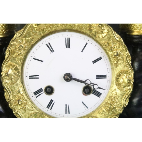 126 - French Empire Napoleon III pillar striking eight day mantel clock, the gilt metal & ebonised wood ca... 