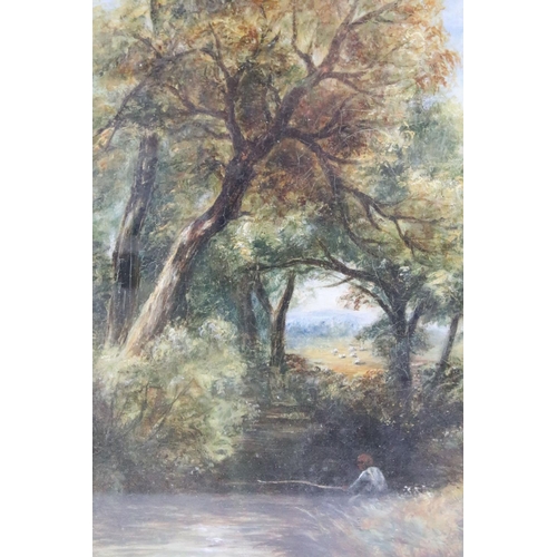 424 - 19th century, peaceful country scene with man on river bank fishing, oil on canvas, 21 x 16cm, gilt ... 