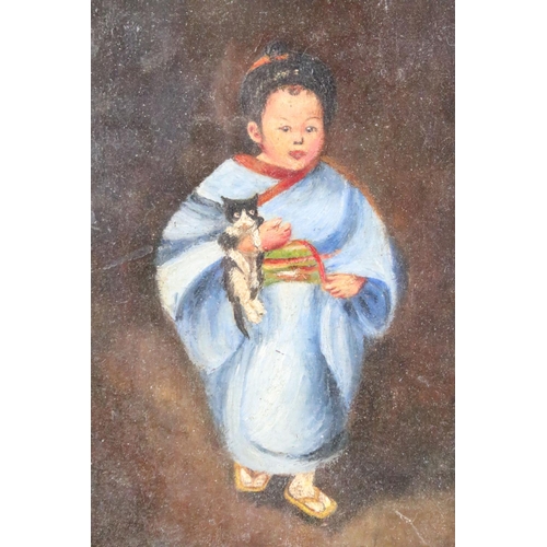 433 - 19th century, portrait of an Oriental girl with cat, oil on board, 21 x 17.5cm, framed and glazed to... 