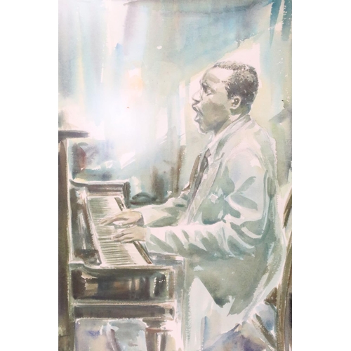 434 - F. Behart, three illustrations of Jazz greats, comprising: pianist, watercolour, signed lower left a... 