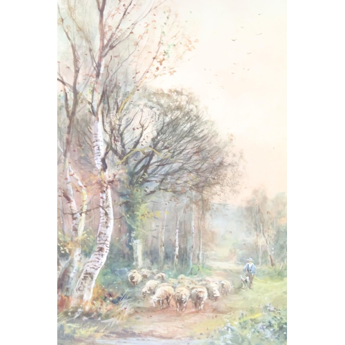 437 - Henry Charles Fox (1855 - 1929), a woodland landscape with shepherd leading his flock of sheep, wate... 