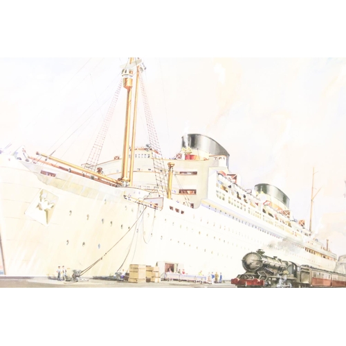 438 - Study of an ocean liner with train in the foreground, watercolour heightened with white, 30 x 46.5cm... 