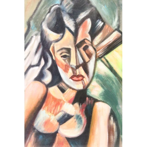 440 - Cubist oil painting portrait of a seated woman, 39 x 33cm, framed and glazed