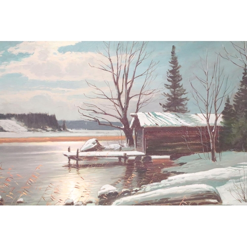 445 - Finnish School, 20th century, a view of a snow clap 'VATN' (lake) with cabin by moonlight, oil on ca... 