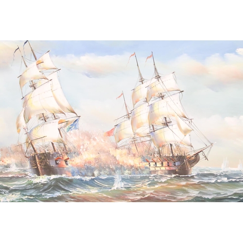 446 - 20th century English School, maritime scene, ships at war, oil on canvas, signed indistinctly lower ... 