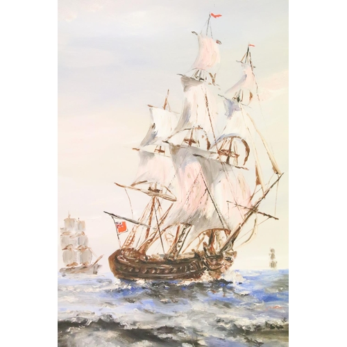 446 - 20th century English School, maritime scene, ships at war, oil on canvas, signed indistinctly lower ... 