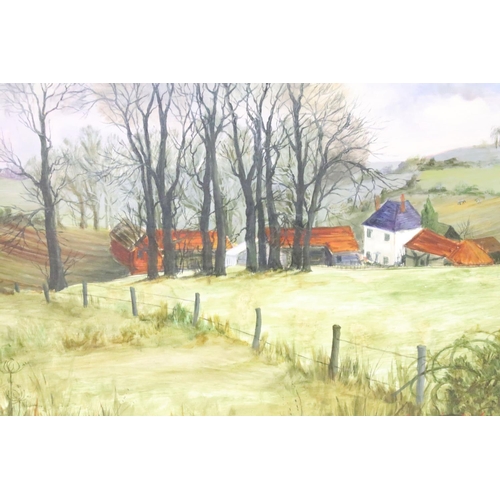 447 - Angela Fielder, an extensive view of a farmhouse in rolling hills in Marlow Buckinghamshire, oil on ... 