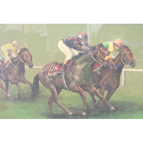 448 - James Edmond, 'Pipped at the Post, Rock Star Wins the Guineas', oil on board, titled on label verso ... 