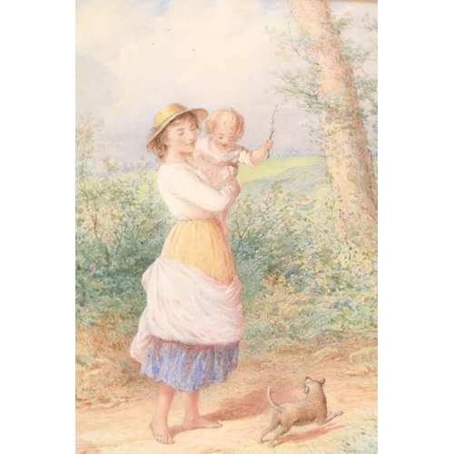 452 - Henry E Hobson (English fl. 1857-1866), portrait of a woman with child and dog, watercolour, signed ... 