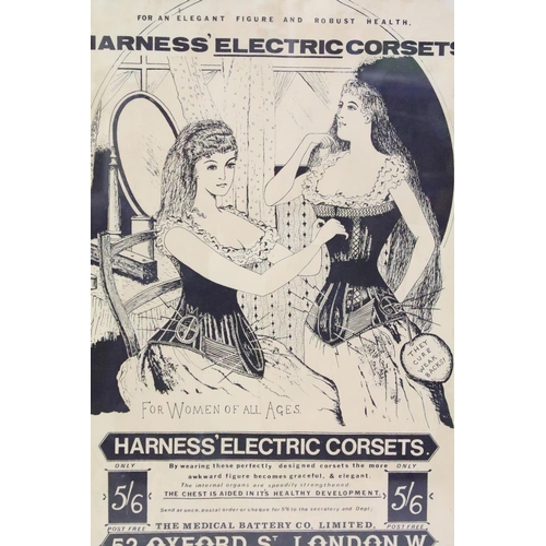 453 - Vintage advertising board for Harness' Electric Corsets, 43 x 33.5cm, framed and glazed