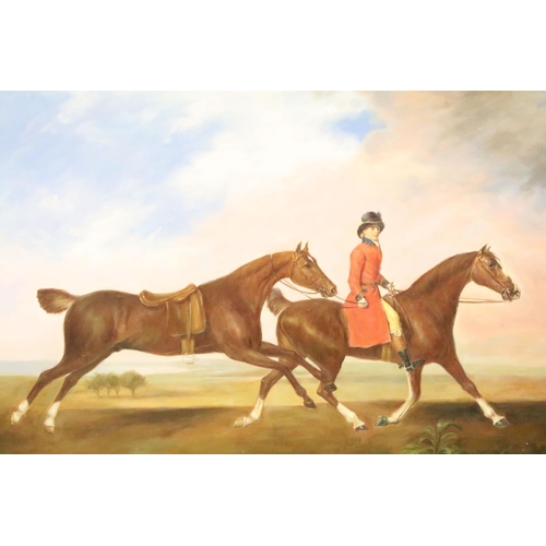 455 - 20th century English School, gentleman in a red jacket riding a horse and leading another, oil on ca... 