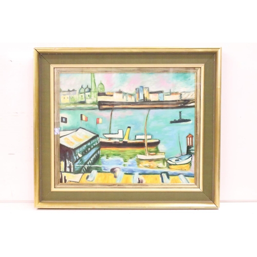 459 - Studio framed oil painting of a city harbour view with shipping, 44.5 x 54cm, framed and glazed