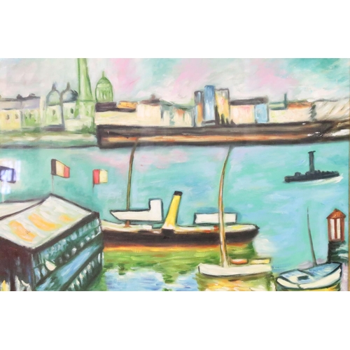 459 - Studio framed oil painting of a city harbour view with shipping, 44.5 x 54cm, framed and glazed