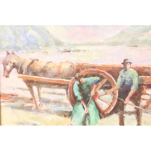 466 - Mahogany framed oil painting, Irish coastal scene with kelp gatherers, horse and cart collecting the... 