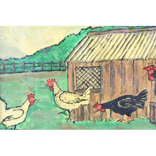 469 - Chickens outside a hen house, oil on board, 16 x 30.5cm, gilt framed and glazed