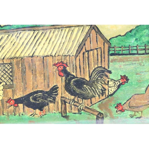 469 - Chickens outside a hen house, oil on board, 16 x 30.5cm, gilt framed and glazed