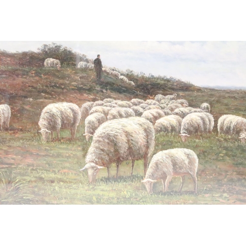 472 - Pierced gilt framed oil painting of a shepherd with flock of sheep on a rocky headland, 50 x 70cm, g... 