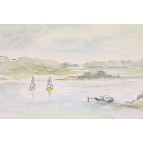 477 - Eila Mules, sailing boats on water with landscape beyond, watercolour 23.5 x 32.5cm, and three other... 