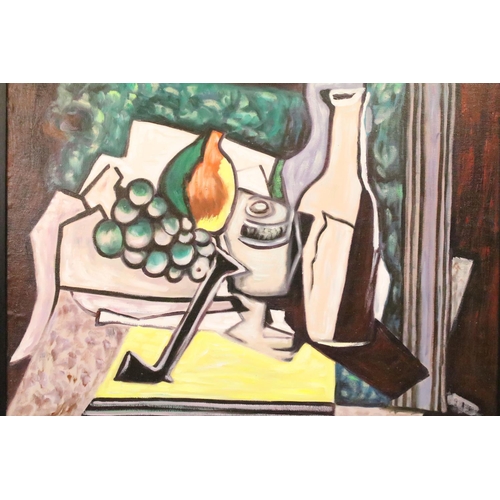 478 - Studio framed oil painting, still life of fruit, bottle and pipe in an interior setting, 51.5 x 61.5... 