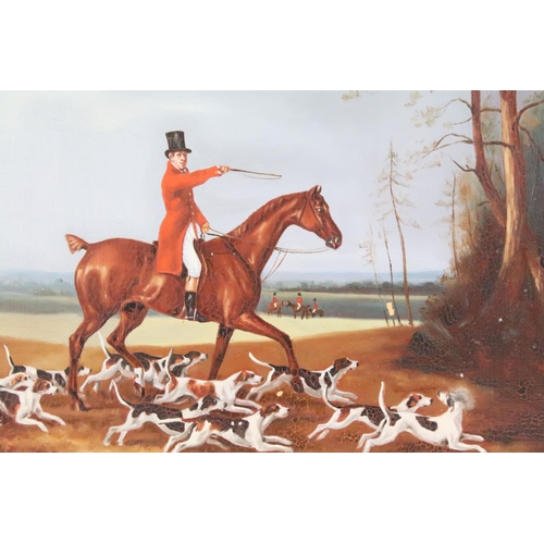 479 - English School, hunter and hounds, oil on panel, indistinctly signed lower left,. 28.5 x 39cm, frame... 