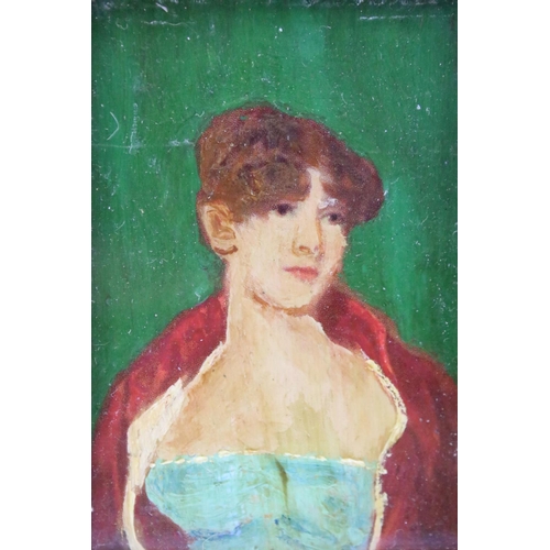 484 - Head and shoulders, portrait of a Victorian lady in a red cloak, oil on board, 7.5 x 5cm, framed and... 