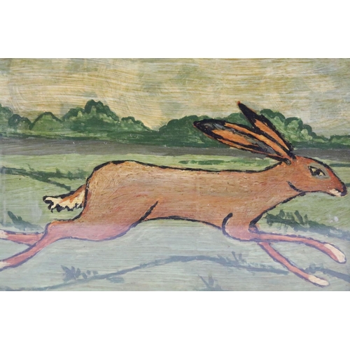 485 - Study of a hare against a landscape scene, oil on board, 11.5 x 16cm, gilt framed and glazed