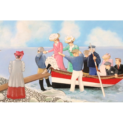 486 - Melinda Dunn, boating scene titled Show a Leg, oil on board, signed lower right and dated Aug '98, t... 