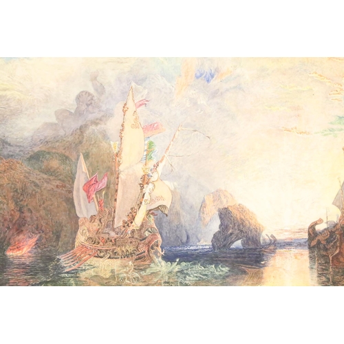 490 - An early vintage watercolour depicting ancient Roman or Greek ships fleeing a volcanic island, 43.5 ... 