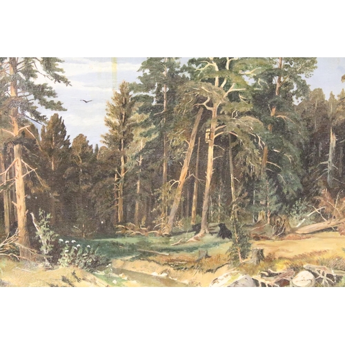 494 - Russian School, 20th century, oil on canvas, a woodland landscape having label with Russian text ver... 