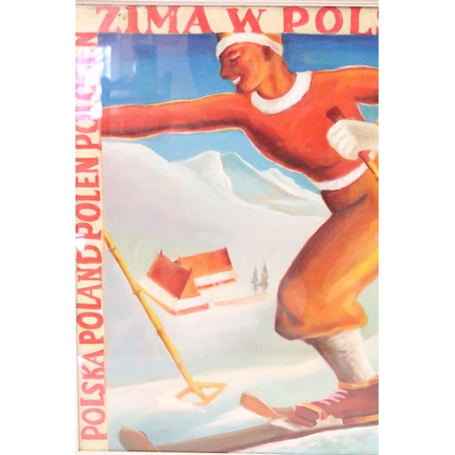 496 - Framed oil painting artwork scene with skier, inscribed with lettering relating to Poland, 59 x 49cm