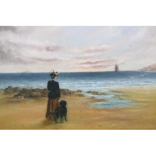 499 - 19th century, a gilt framed oil painting of a lady with dog viewing distant sailboat, 15 x 22cm