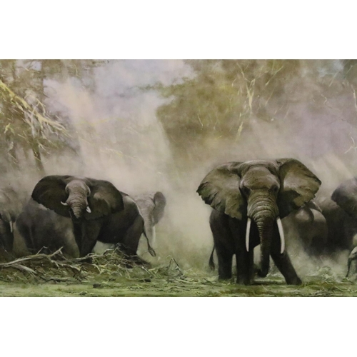 500 - David Shepherd (1931 - 2017), herd of elephants, colour print on board, 50 x 100cm, framed, Bailleul... 