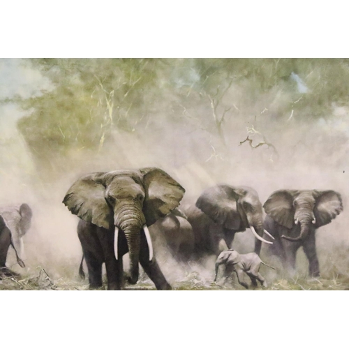 500 - David Shepherd (1931 - 2017), herd of elephants, colour print on board, 50 x 100cm, framed, Bailleul... 