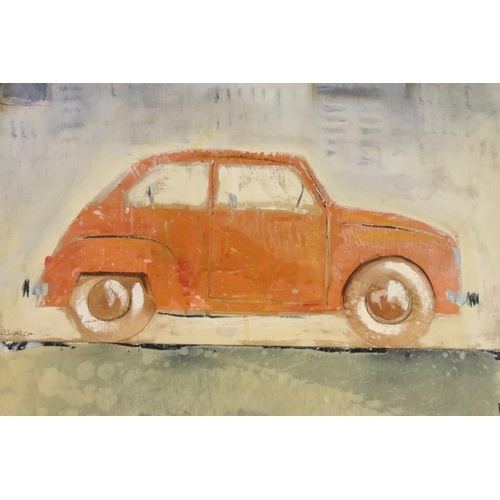 501 - Escrich, Coche Naranja (orange car), mixed media, 60 x 60cm, original label verso and four other oil... 