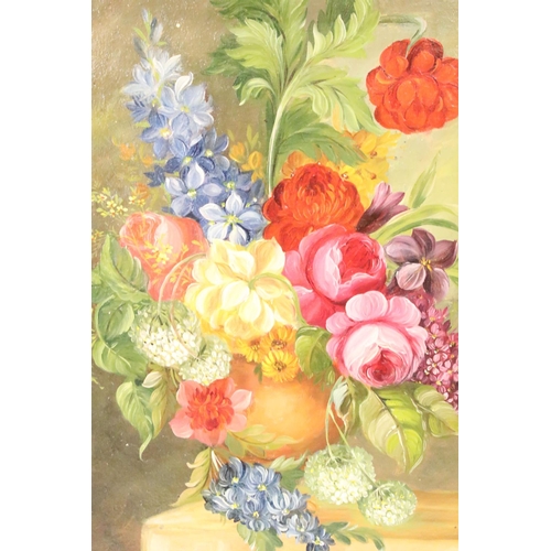 504 - Ornate gilt framed oil painting of a Classical still life of flowers in an urn on a ledge, 41.5 x 30... 