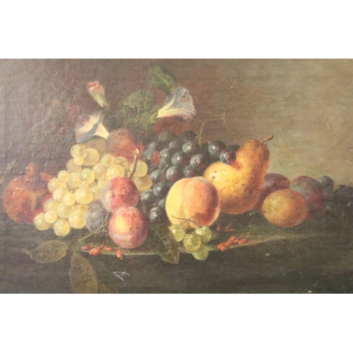 505 - English School, still life fruit and flowers, oil on canvas, 29 x 44cm, gilt framed