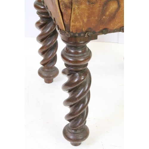 528 - Victorian stool, on substantial mahogany turned supports, with leather top, 50cm high x 46cm wide x ... 