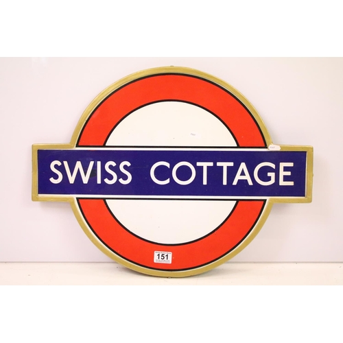 151 - London Underground enamelled tube sign for Swiss Cottage set within a gilt frame. The sign being sli... 