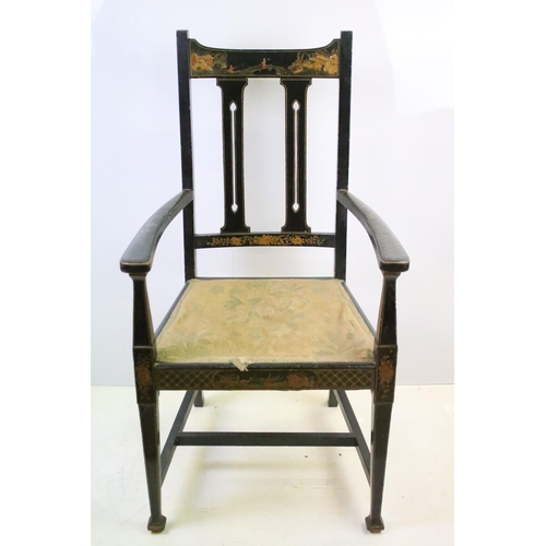 523 - 19th century Oriental japanned chair, decorated with painted panels, 111.5cm high x 60cm wide x 59cm... 