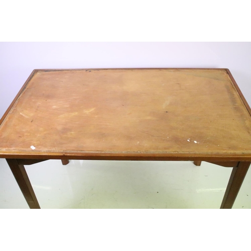 548 - Mid century mahogany table on square tapering legs, paper label below for B.C & S. Ltd, London (lack... 