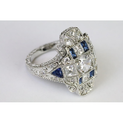 239A - A 925 sterling silver ladies dress ring in the Art Deco style set with blue and clear stones, marked... 