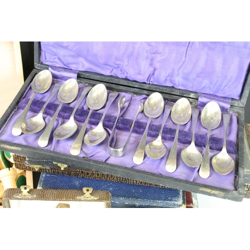 281 - A group of mixed collectables to include a chess set, a collection of cased silver plated cutlery an... 