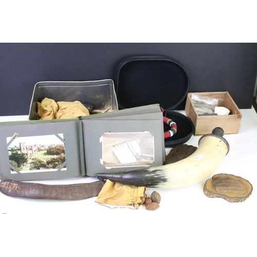 292 - A box of mixed collectables to include a vintage postcard album, wild boar tusks, fossils and rocks,... 