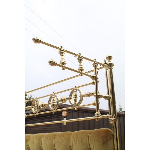 594 - Ornate brass bed frame, the headboard with swing frame side panels, 229cm high x 132cm wide with mus... 