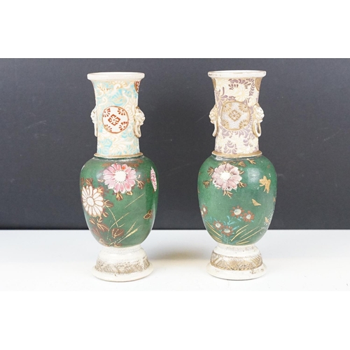 17 - Five Japanese Satsuma vases to include a pair of baluster form vases with floral decoration (approx ... 