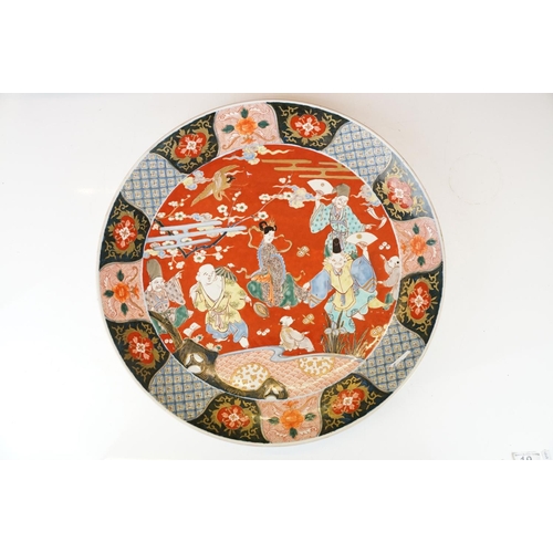 19 - Large Japanese porcelain charger decorated in the Imari palette, decorated with figures, crane and a... 