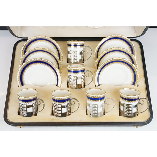 20 - Early 20th century cased set of six Aynsley coffee cups & saucers with cobalt blue & gilt decoration... 
