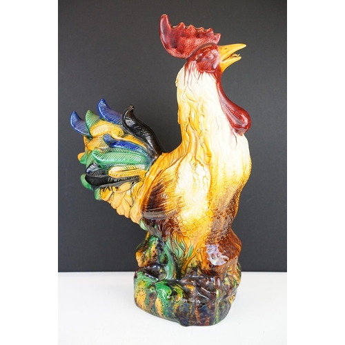 22 - Large Majolica ceramic figure of a cockerel, with polychrome decoration, stands approx 46cm high